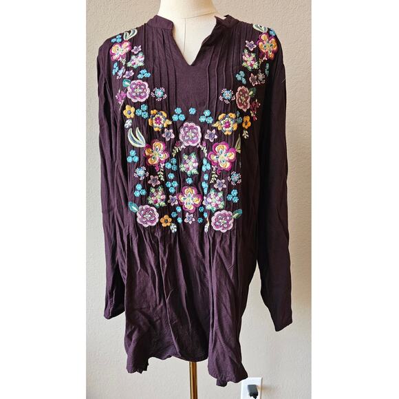Ulla Popken Relaxed Fit Embroidered Floral V-Neck Boho Tunic Top XL 12 14 Purple - Picture 1 of 5